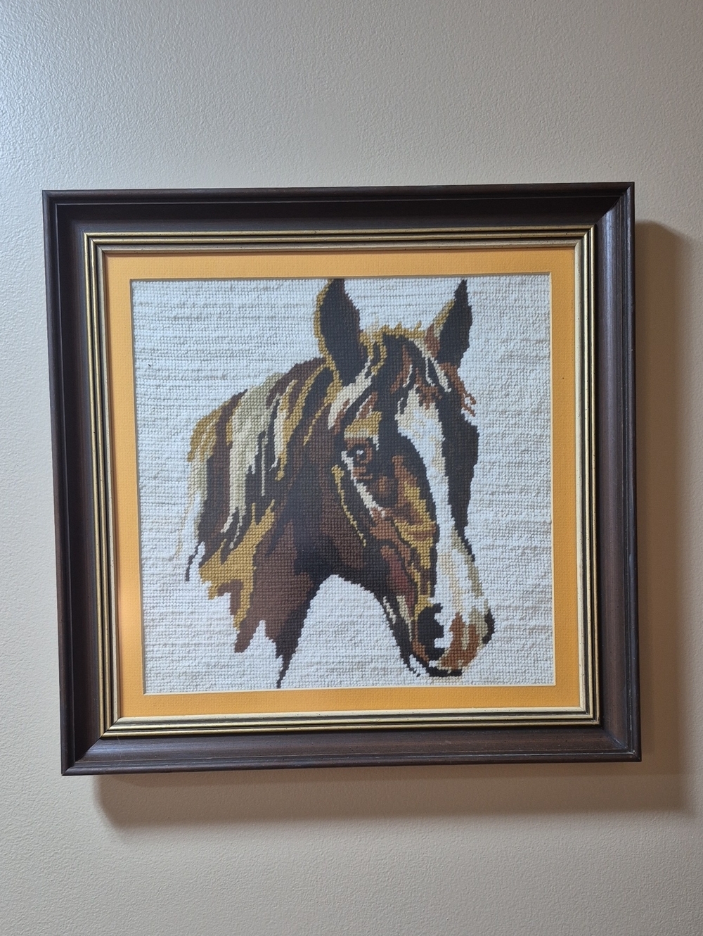 VINTAGE Horse Embroidery Needlepoint Framed Wall Art